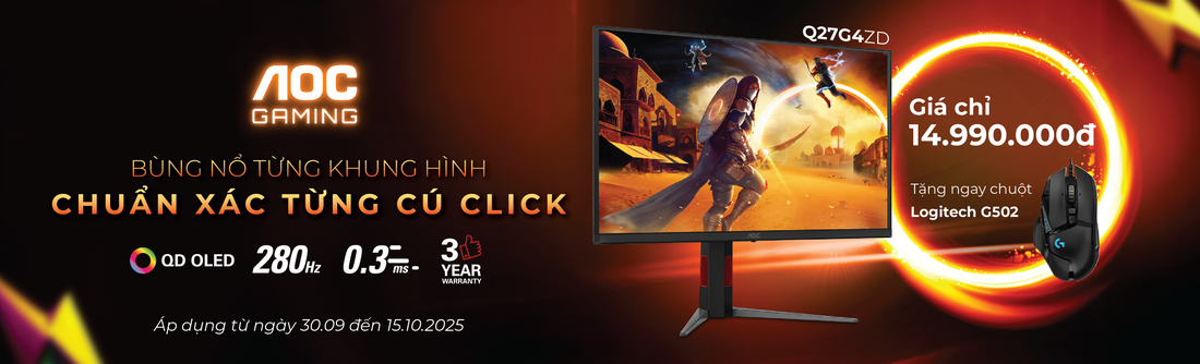 AOC Gaming Q27G4ZD ưu đãi khủng – Mua màn hình QD-OLED, nhận ngay chuột gaming cao cấp Logitech G502